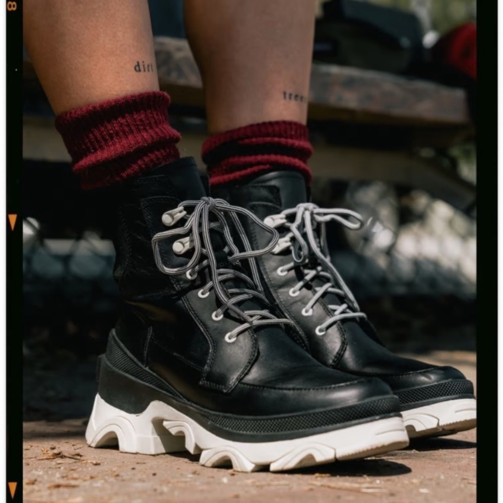 $225 Sorel Brex Waterproof Boot Lace Up Black Combat Moto Chunky Lug Sole Boot